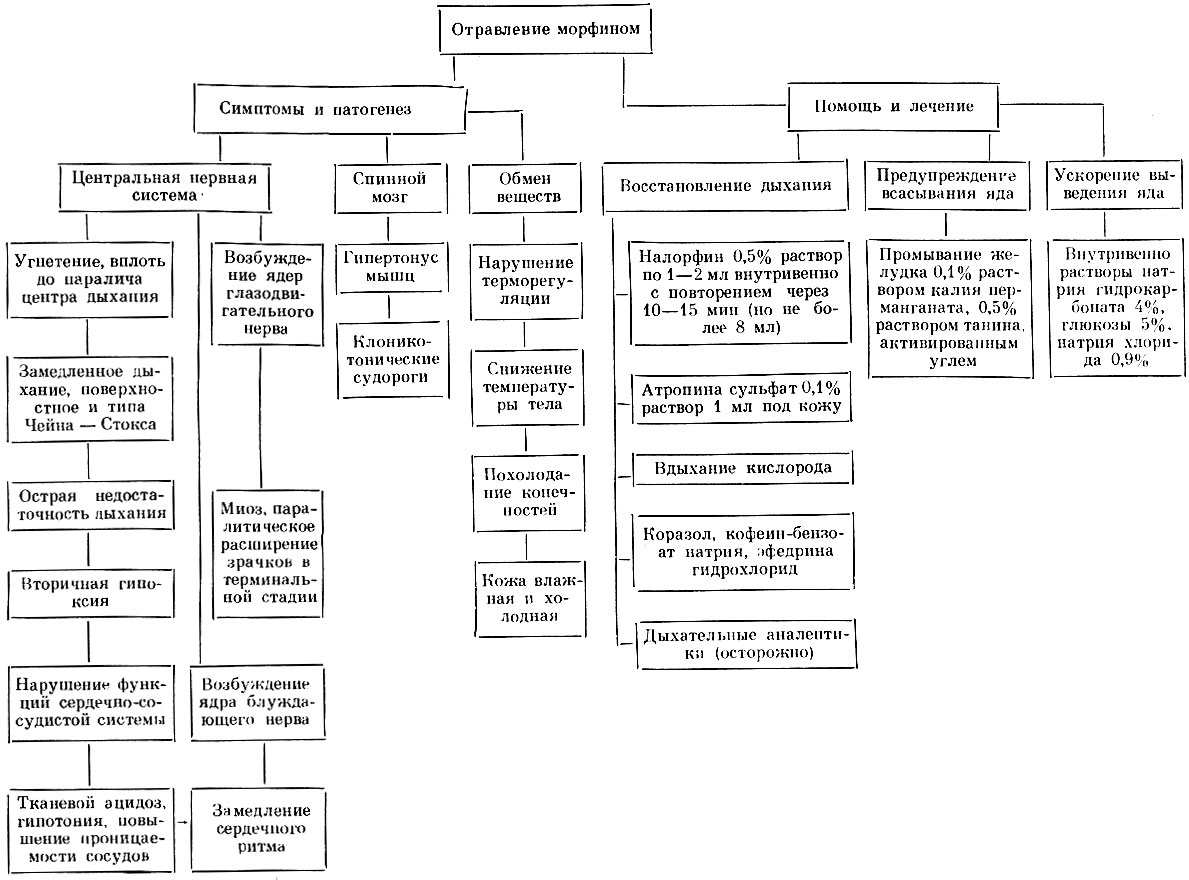 Таблица 18. Симптомы, патогенез, помощь и лечение при отравлении морфином