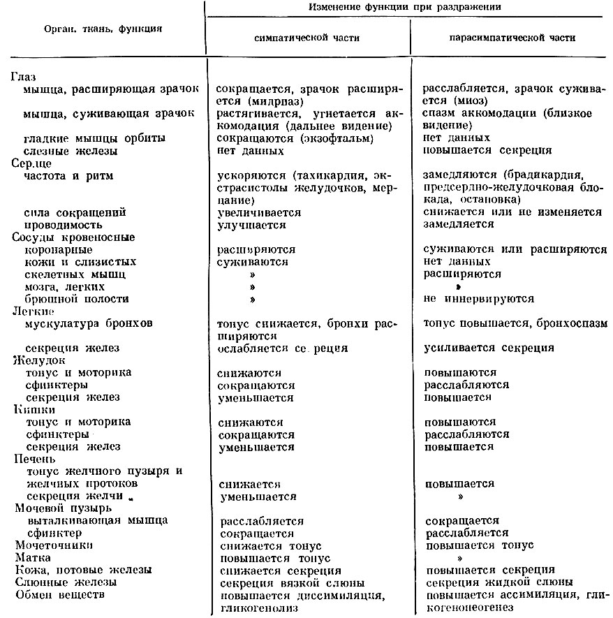 Таблица 29. Особенности реакции различных органов на раздражения автономной нервной системы