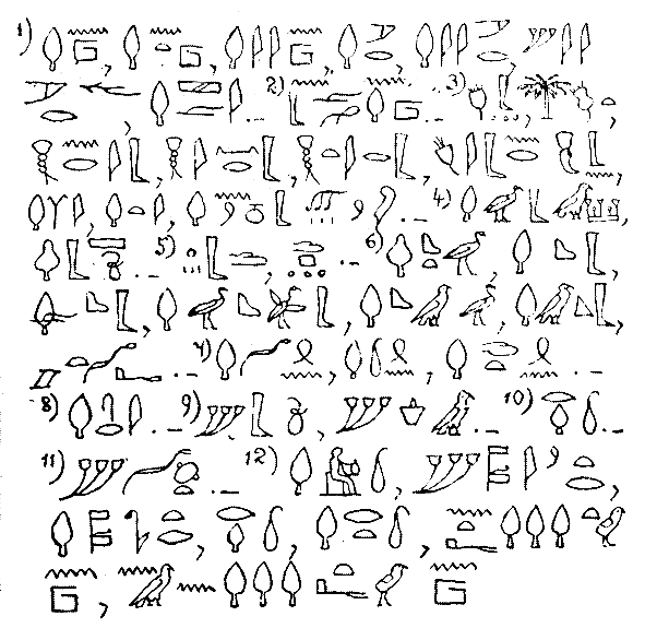 Часть текста древнеегипетского папируса. Цифрами 1 - 12 отмечены иероглифы, обозначающие растения