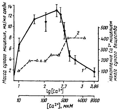 Рис 2.1. Влияние концентрации кальция на рост Phytophthora infestans. 1 - масса сухого мицелия; 2 - накопление в нем Са2+ (Сысуев, 1979)