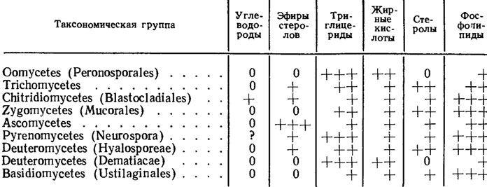 Таблица 3.2. Сравнение фракционного состава липидов грибов из разных таксономических групп (+++ - 30-60%; ++ - 10-30%; + - 10%)