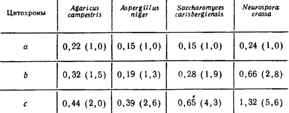 Таблица 6.9. Подсчет концентраций трех типов цитохромов, определяющих их стехиометрию у разных видов грибов (Gallinet, 1974), нмоль/мг белка