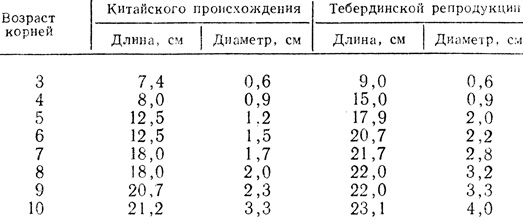 Таблица 2. Размеры корней женьшеня в зависимости от происхождения