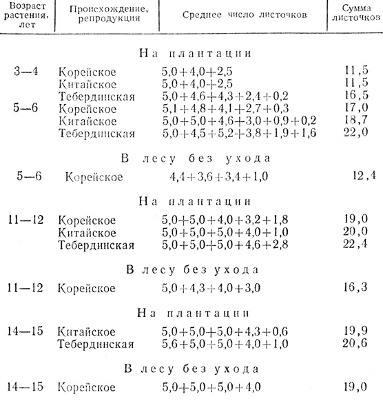 Таблица 3. Изменение степени дифференциации побега растений женьшеня в зависимости от возраста, происхождения и места произрастания